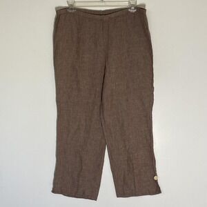 Liz & Jane Pants Womens Medium Brown Linen Capri Elastic Waist Button Hem Summer
